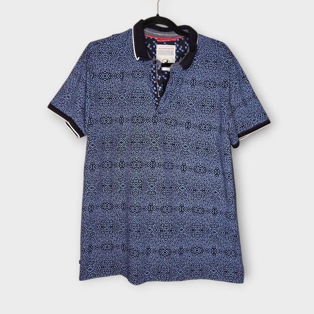 A Fish Named Fred Blue Geometric Print Polo Shirt Short Sleeve Novelty Mens Lg